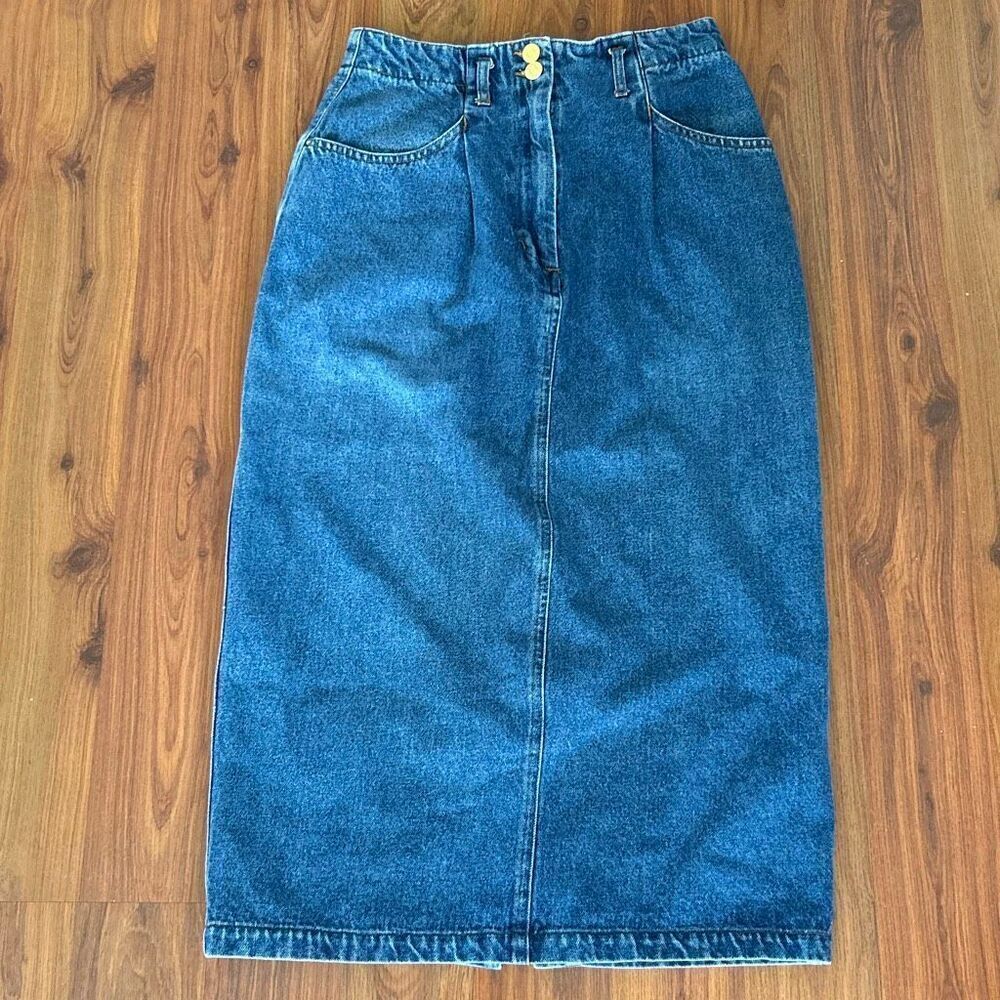 vintage Cambridge dry goods high waisted pleated denim pencil skirt with slit si
